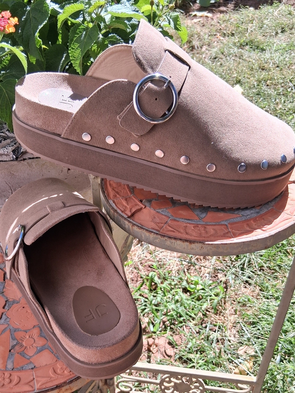 JustFab Tan Suede Platform Clogs with Silver Studs
